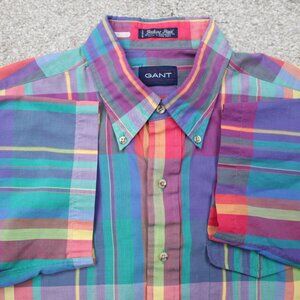 GANT Foxhunt Plaid Shirt Mens Large Pink/Blue/Yellow Cotton/Poly Short Sleeve